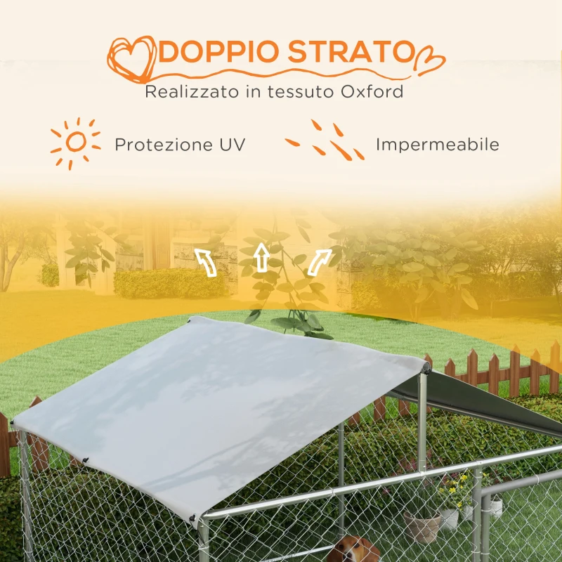 PawHut Recinto per Cani Taglia Media da Esterno con Tetto Impermeabile, 200x200x150cm, Argento