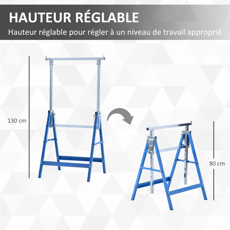 HOMCOM Lot de 2 Tréteaux Pliables Télescopiques Hauteur Réglable 80-130 cm Acier Bleu