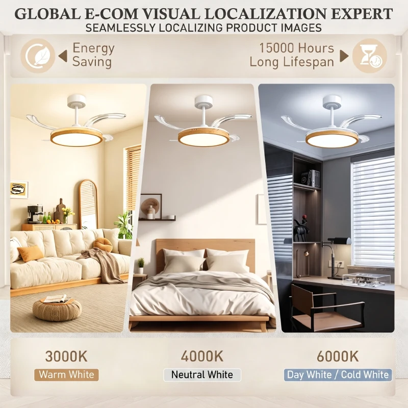 HOMCOM Deckenventilator mit Licht und Fernbedienung, 95 cm moderner LED-Deckenventilator mit einziehbaren Flügeln, Natur