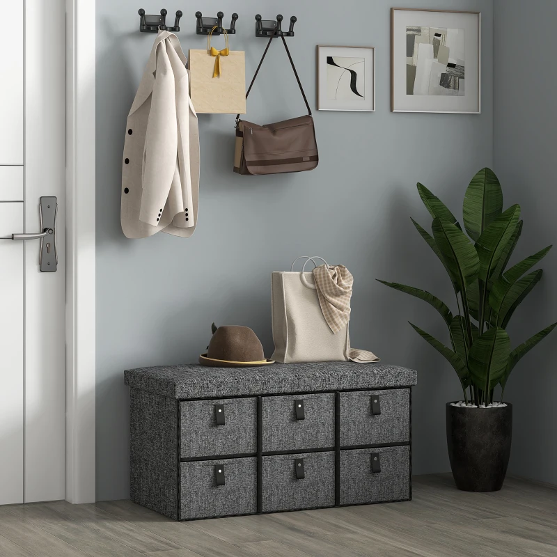HOMCOM Gepolsterte Schuhbank, 6 Schuhfächer, MDF-Rahmen, Leinenoptik, Grau