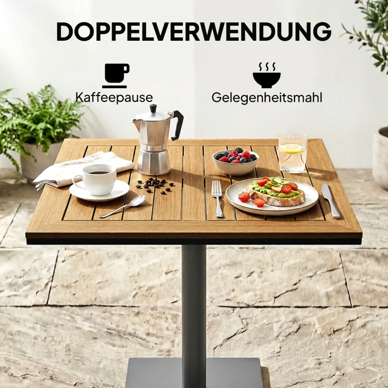 Outsunny Bijzettafel 70 x 70 cm weerbestendig tuintafel met houtlook brede basis, vierkant natuurhout