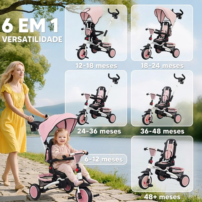 AIYAPLAY Triciclo Evolutivo 6 em 1 Dobrável Assento Giratório 360° Barra Parental Encosto Reclinável Toldo Rosa