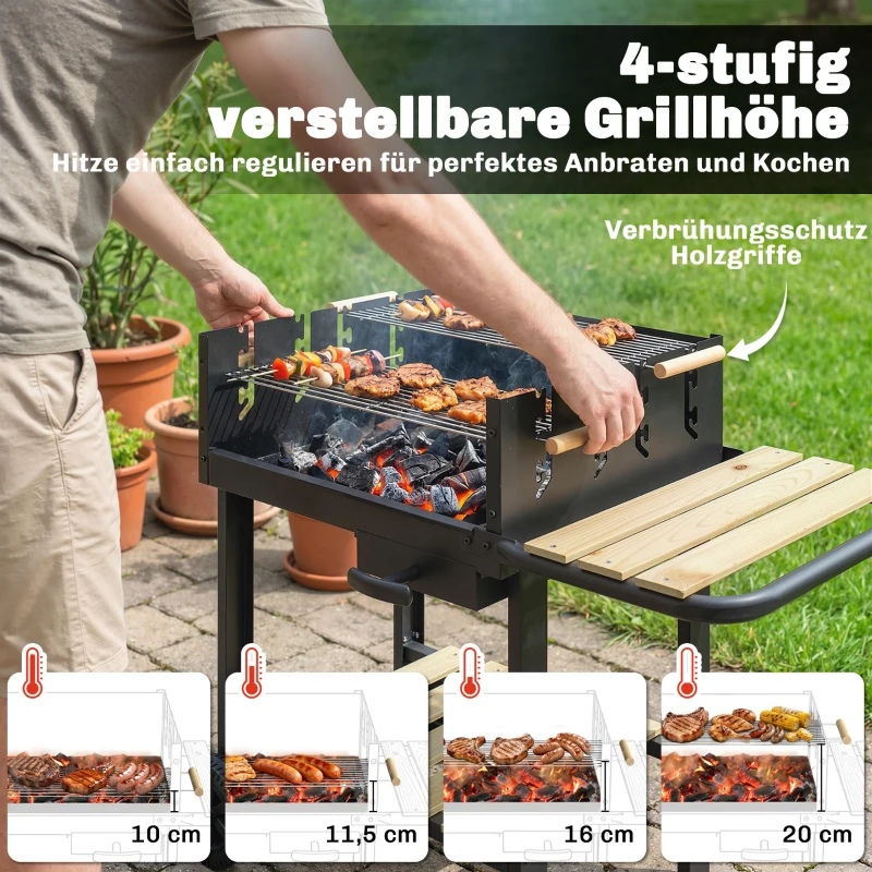 Outsunny Houtskoolbarbecue met 4 verstelbare grillhoogtes, 2 houten planken, 2 wielen, aslade, 99,5 x 58 x 82 cm