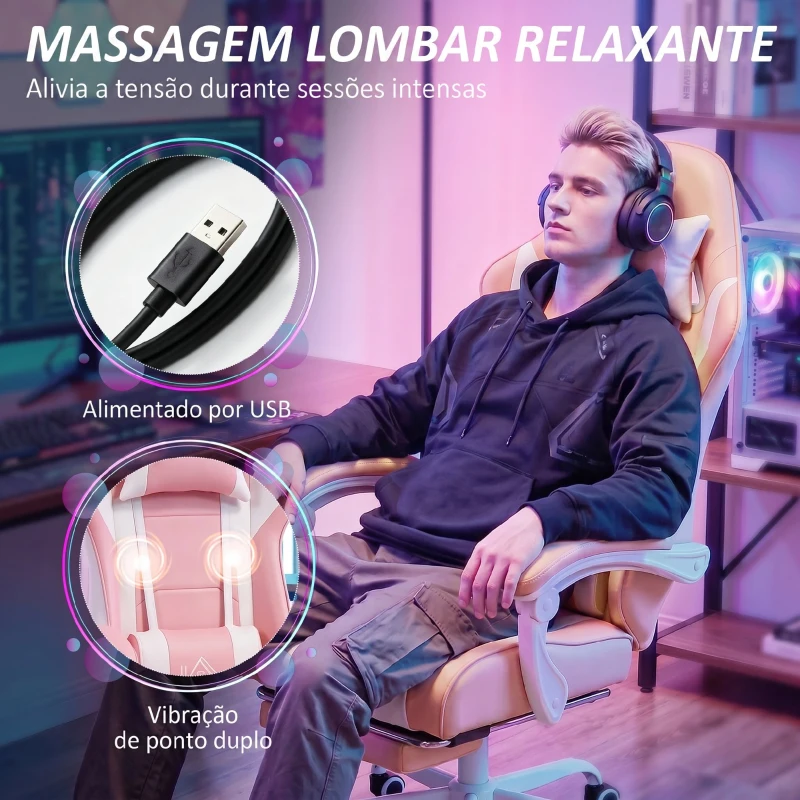 HOMCOM Cadeira Gaming Reclinável 155° com Suporte Lombar com Massagem Apoio de Cabeça e Apoio para os Pés 63x66x126-134 cm Rosa
