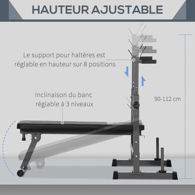 HOMCOM Banc de musculation pliable avec support d'haltères réglable et poignées dips - fitness