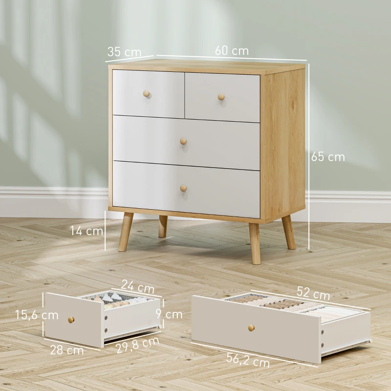 HOMCOM Cómoda de 4 Cajones con Acabado Elegante y Gran Capacidad de Almacenaje 60x35x65 cm Roble y Blanco