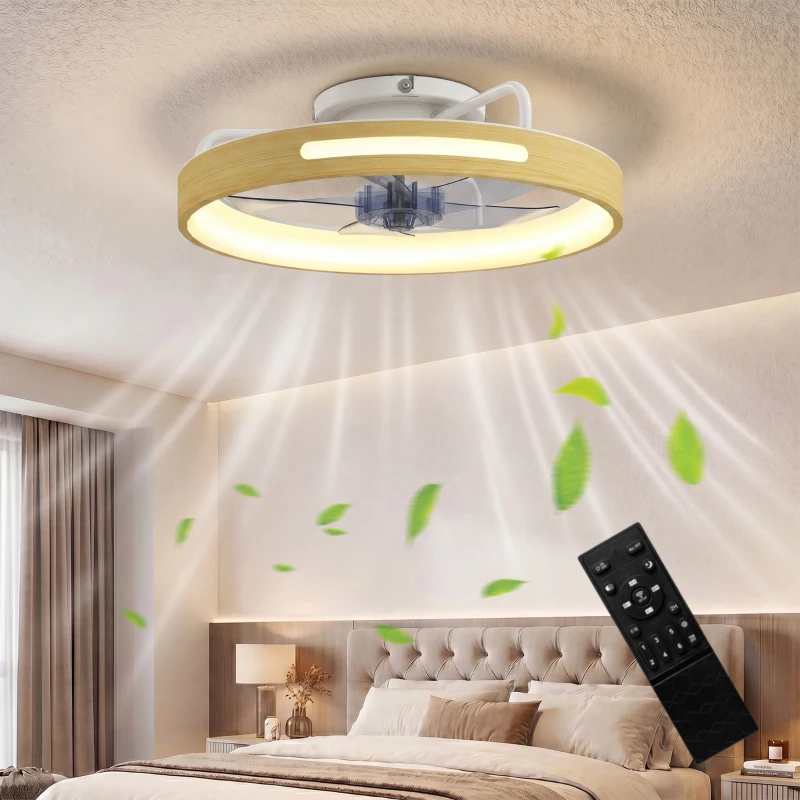 HOMCOM Deckenventilator mit Licht und Fernbedienung, 49 cm LED-Deckenventilator mit 3 Farbtemperaturen, natürliches Holzfinish