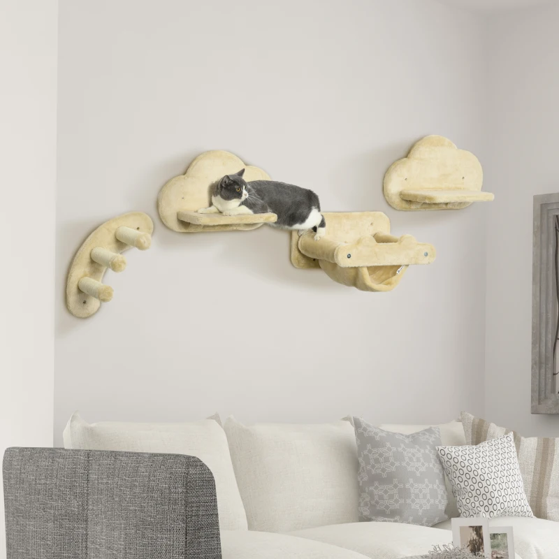 PawHut Katzentreppe, 4-teiliges Set, 3-stufige Sprossenleiter, 2 Plattformen, Hängematte, Plüschbezug, beige