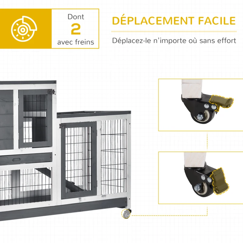 PawHut Clapier à lapin sur roulettes cage à lapin intérieur extérieur 2 étages 2 portes verrouillables 2 plateaux coulissants rampe bois de sapin gris blanc