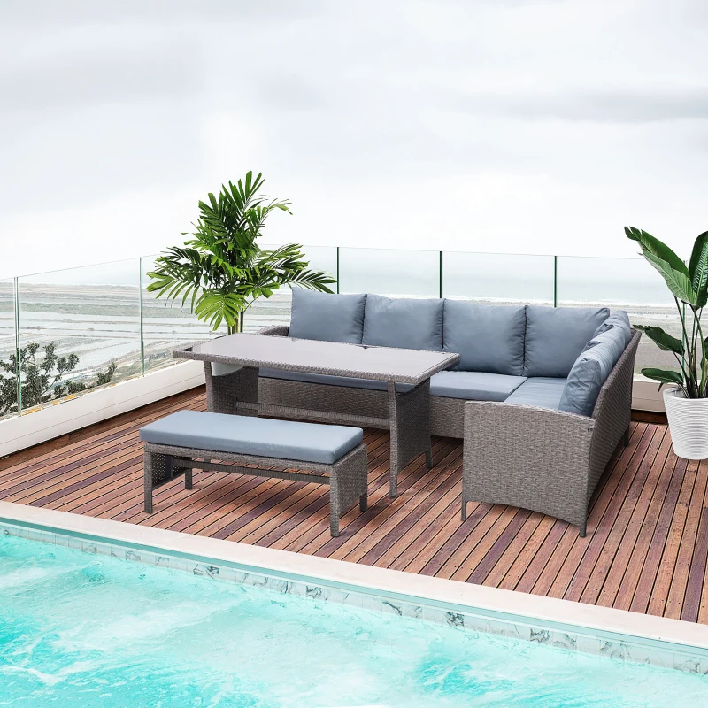 Outsunny Conjunto de Jardín de Ratán Sintético con Sofá Esquinero de 2 Módulos Banco y Mesa con Encimera de Cristal Gris