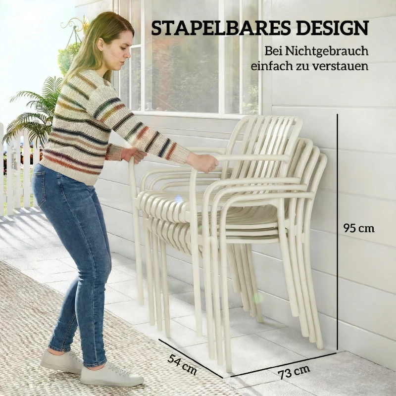 Outsunny Gartenstühle 4er Set Stapelbare Terrassenstühle mit Lamelldesign Armlehnen, Ergonomisch Cremeweiß