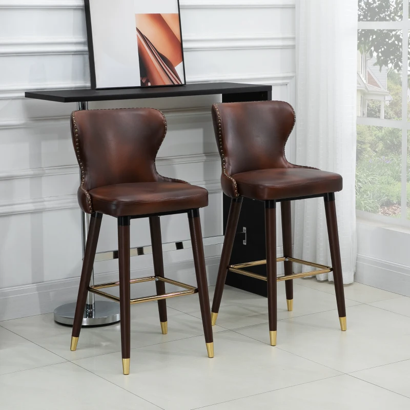 HOMCOM Set 2 Sgabelli da Bar Alti in Stile Industriale con Schienale e Poggiapiedi, Seduta in Finta pelle e Gambe in Legno, Sgabelli Vintage per Cucina e Ristorante, 52x53x101cm