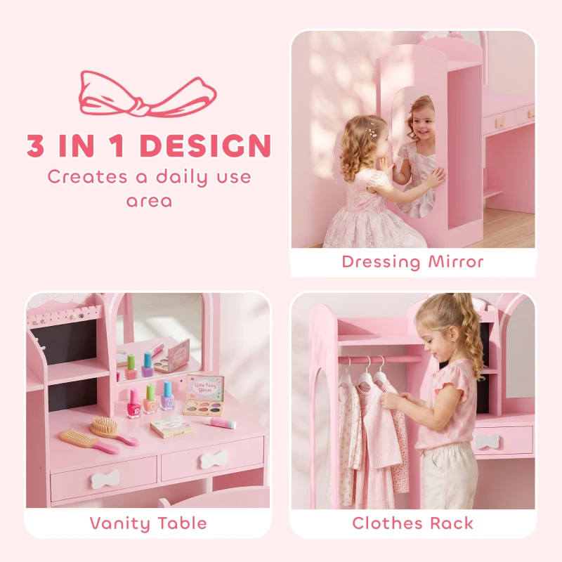 AIYAPLAY Kids Dressing Table, 3-in-1 Girls Vanity Set with Stool, 2-Colour Lights Mirror, Clothes Rack for Ages 3-8, Pink