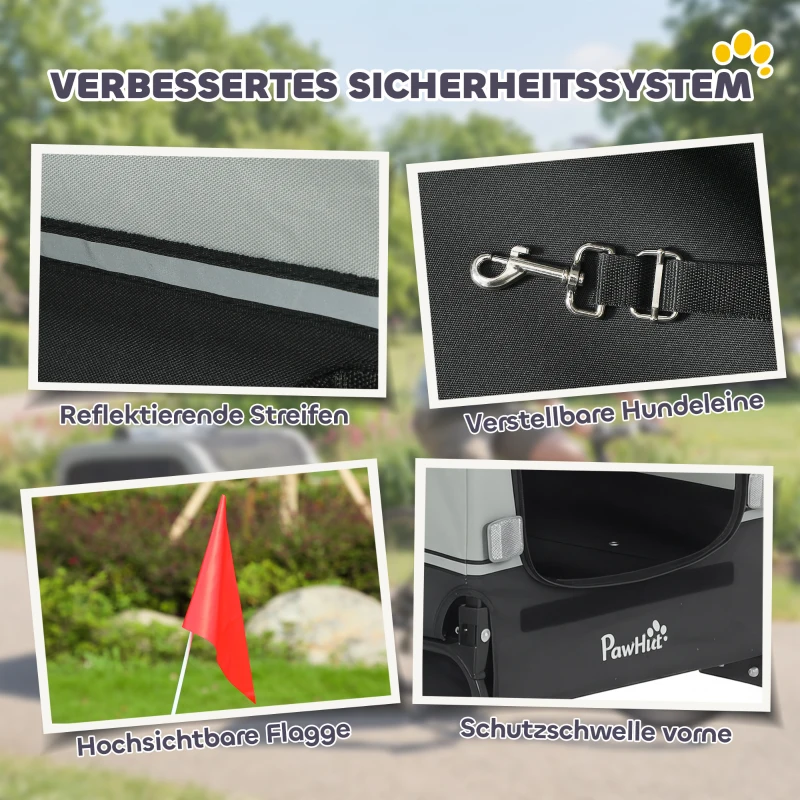 PawHut Faltbar Fahrradanhänger für Mittelgroße Hunde bis 20kg mit herunterklappbare Rampe Reflektoren Leine Flagge Grau