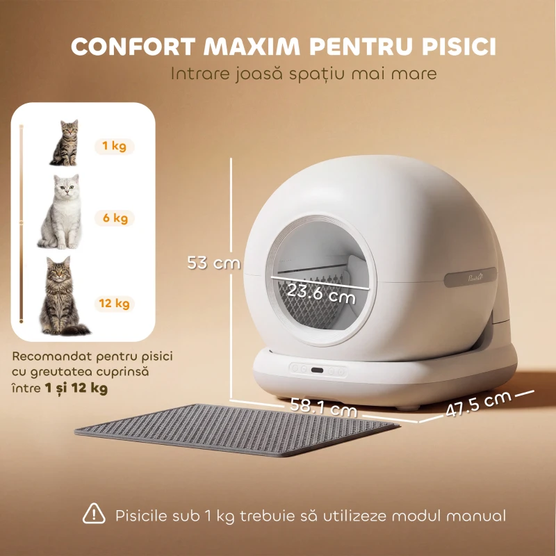 PawHut Litieră cu Auto-Curățare, Cameră HD, Recipient de 7L și Senzori, din PP și ABS, 58.1x47.5x53 cm, Alb și Gri
