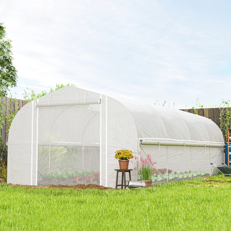 Outsunny Estufa tipo Túnel 6x3x2 m com 8 Janelas Cobertura de PE Anti UV e Porta Enrolável e Paredes Laterais Branco