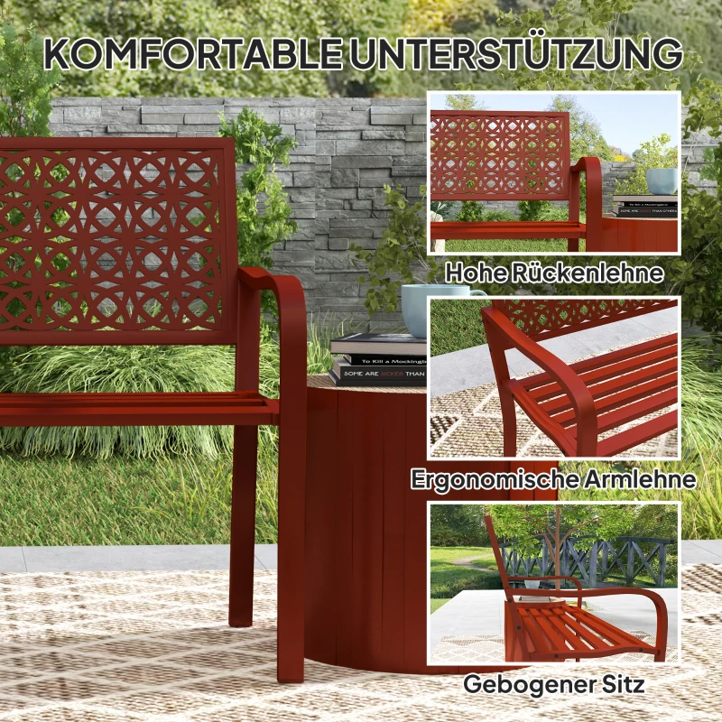 Outsunny Buitenbank, Tuinbank van Staal, Uitgesneden Rugleuning, Armleuningen, Voor 2 Personen, Rood