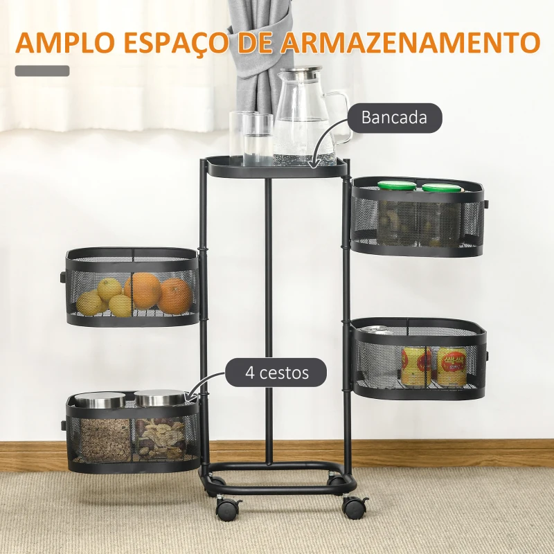 HOMCOM Carrinho Auxiliar com Rodas de 5 Níveis com 4 Cestas de Armazenamento Rotativas a 270° 33x33x77 cm Preto
