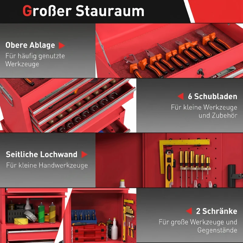 HOMCOM Verrijdbare gereedschapskast, 6 lades, 2 kasten, staal, afsluitbaar, rood
