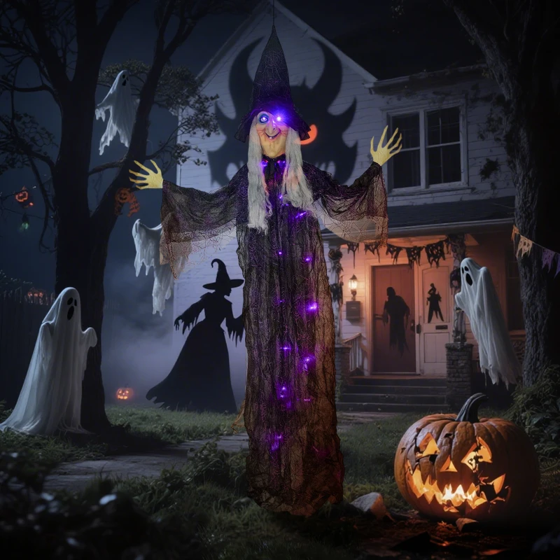 Outsunny 183 cm Life Size Halloween Animated Hanging Witch with Glowing LED Eyes & Body, Spooky Witch Scary Halloween Decorations, Battery Operated, Indoor Party Props