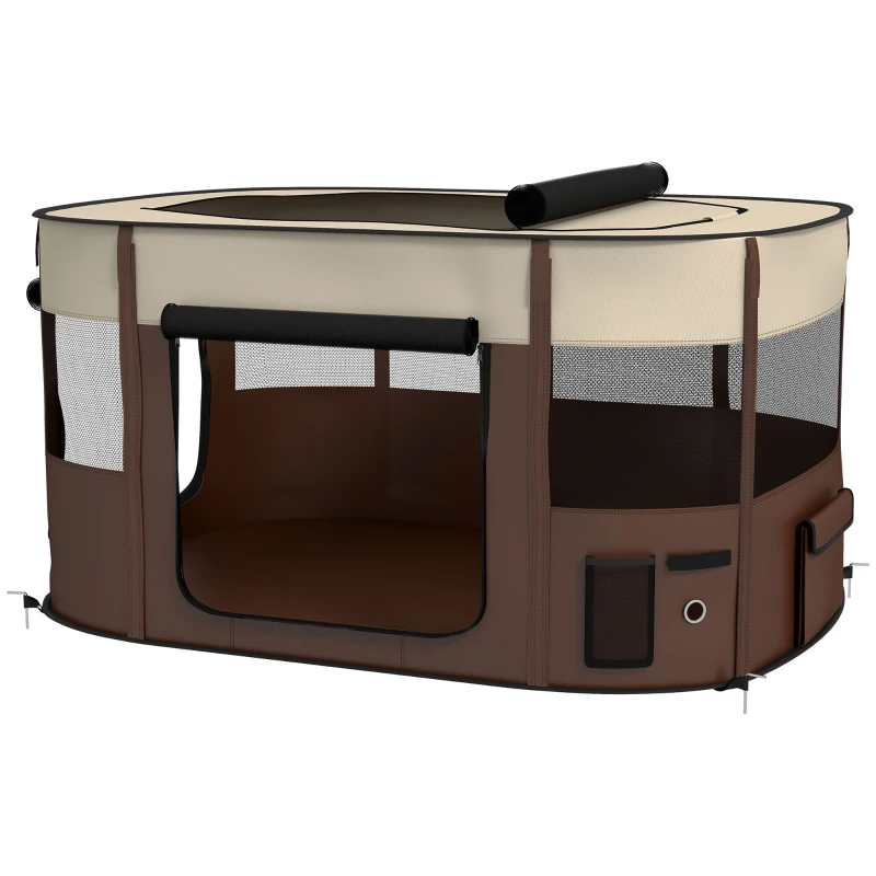 PawHut Foldable Dog Pen with Storage Bag for Indoor/Outdoor Use, Portable Pet playpen, with Ground Stakes - Brown