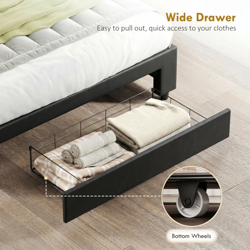 HOMCOM PU Leather King Size Ottoman Bed Frame, with Front Drawer - Black