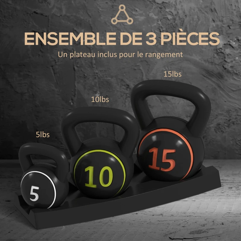 SPORTNOW Lot de 3 kettlebells 2,2, 4,5 et 6,8 kg poignée antidérapante entraînement sport fitness avec plateau de rangement noir
