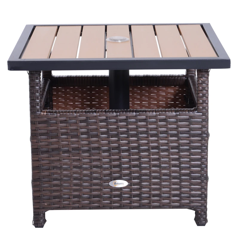 Outsunny® poly-rotan bijzettafel tuintafel voor parasol terrastafel paraplubak incl. zandzak bruin 55,5 l x 55,5 b x 46 h cm