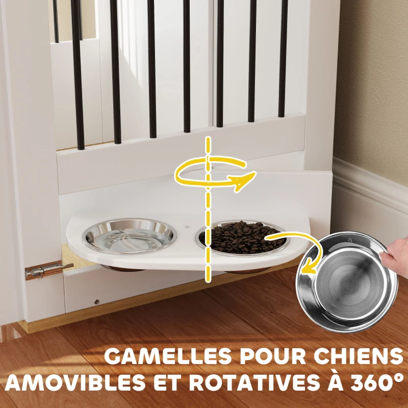 PawHut Cage pour chiens, table d'appoint, gamelles amovibles rotatives à 360° 2 portes pour chien moyenne 80x55x71,5cm blanc