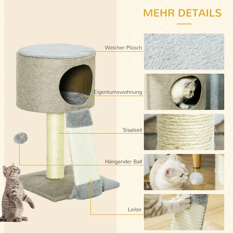 PawHut Kratzbaum Katzenbaum Kletterbaum für Katzen Katzenkiste mit Katzenball Grau 30x30x50 cm