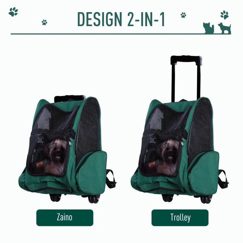PawHut Trasportino Zaino 2 in 1 per Cani e Gatti con Tasche Laterali, Maniglia Telescopica e Ruote, 42x25x55cm, Verde