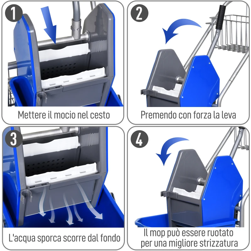 HOMCOM Carrello delle Pulizie Professionale con Secchio da 26L per Mocio, Strizzatore e Cestini a Rete, Blu