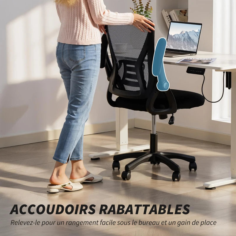HOMCOM Chaise bureau ergonomique, fauteuil de bureau en maille, accoudoirs relevables, hauteur réglable, 59,5x56x103cm, noir