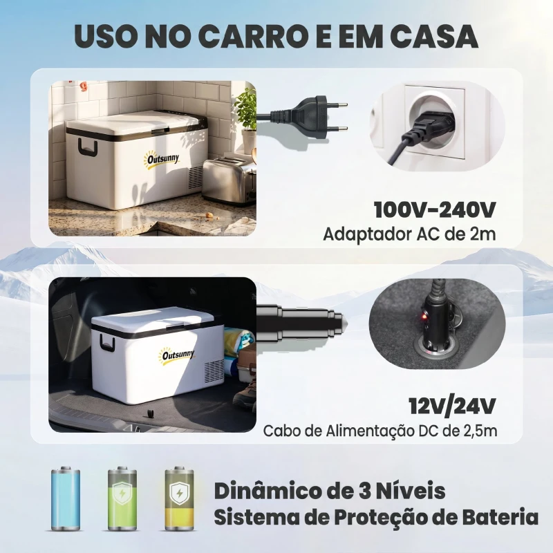 Outsunny Geleira Elétrica de Compressor 25L Portátil até -20℃ com Luz LED e Alças Dobráveis Geleira de Carro 12V/24V e 240V para Casa Campismo Viagem 58,5x33,5x35,2cm Branco