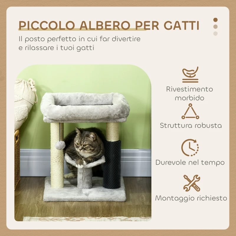 PawHut Albero Tiragraffi con Lettino, Piattaforma, Spazzola e Palo in Sisal, 40x40x48 cm, Grigio