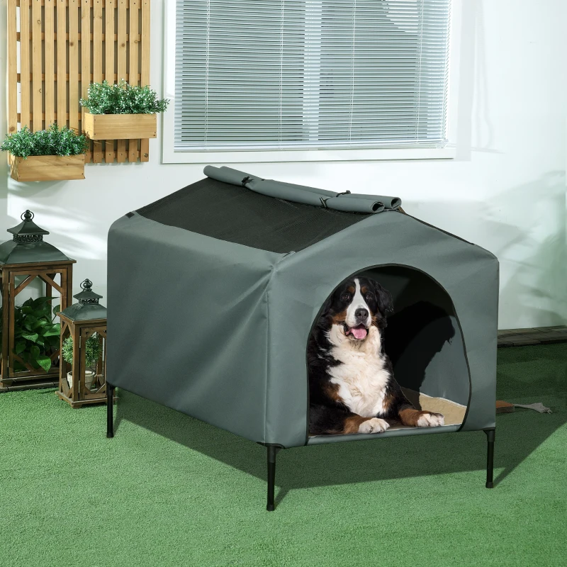 PawHut Casa para Cães com Cobertura Exterior Cama Elevada com Almofada e Janelas de Malha 130x85x95 cm Cinza