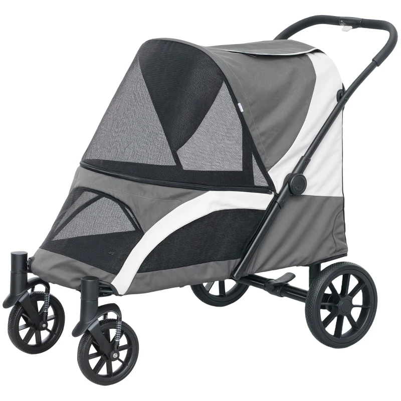 PawHut Hondenwagen, opvouwbare hondenbuggy voor middelgrote honden, dierenwagen met 4 wielen, veiligheidslijnen, remmen, donkergrijs