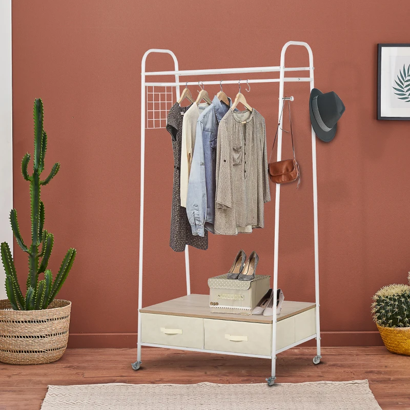 HOMCOM Perchero Metálico con Ruedas Colgador para Ropa con Riel Estantes Cajones para Organizar Ropa Bolsos 99x47x185cm