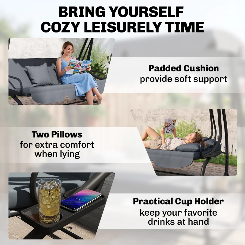 Outsunny Three-Person garden Swing Chair, with Adjustable Canopy - Dark Grey