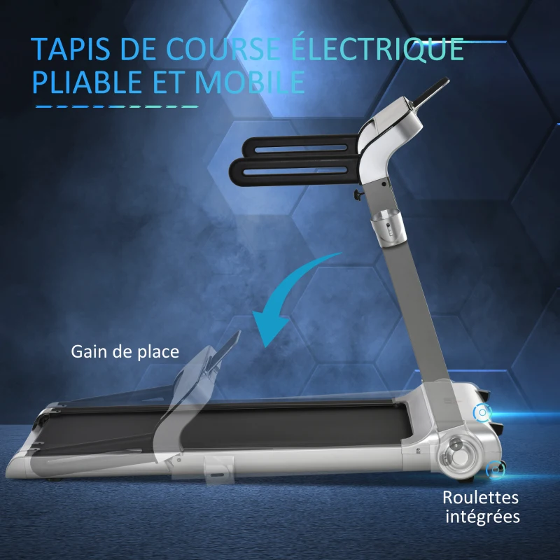 HOMCOM Tapis de course électrique pliable 1-15 km/h 735 W tapis roulant écran LED support tablette port USB bande extra-large antidérapant acier PP ABS 158 x 81 x 25 cm noir et argent