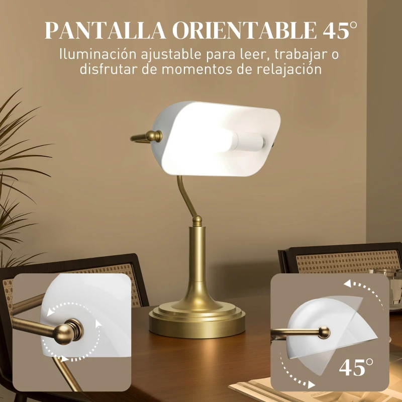 HOMCOM Lámpara de Escritorio Banquero con Pantalla Ajustable Interruptor Basculante para Oficina Biblioteca Blanco