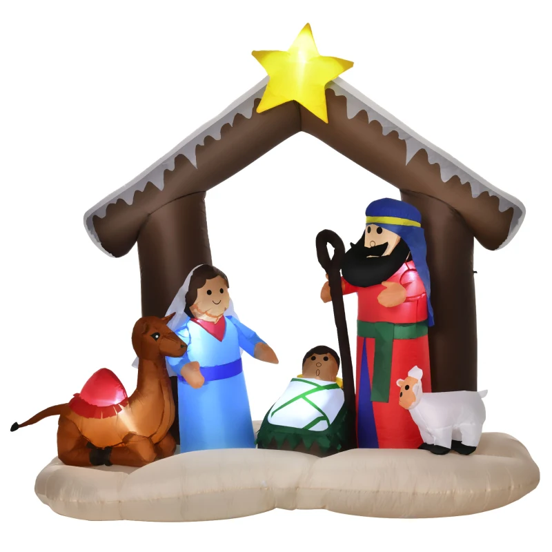 HOMCOM Presepe di Natale Gonfiabile 183cm con 5 Luci LED e Gonfiatore Integrati, Decorazione Natalizia da Esterno