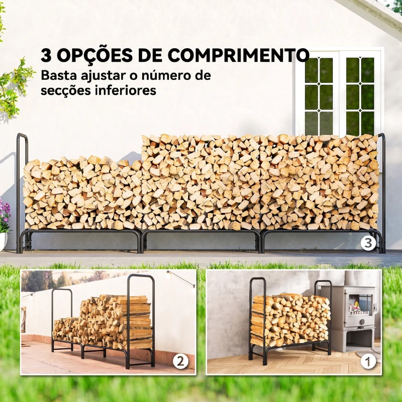 Outsunny Lenheiro com Cobertura para Interior e Exterior Carga 300 kg 300x36x99 cm Verde Escuro e Preto
