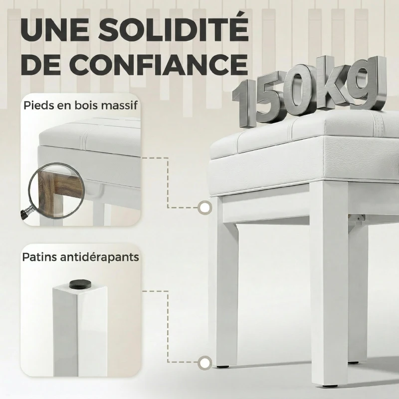 HOMCOM Banquette tabouret siège pour piano coffre intégré hauteur réglable bois hévéa assise revêtement synthétique blanc