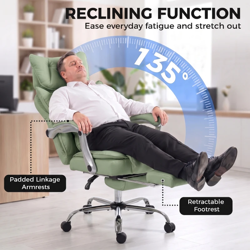 HOMCOM Executive Office Chair, PU Big and Tall Office Chair 180 kg with Wide Seat, Reclining, Lumbar Support, Light Green