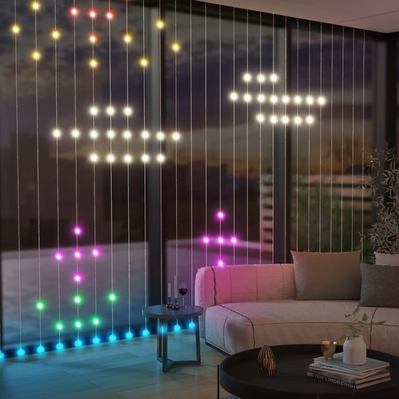 HOMCOM Cortina de Luzes 3x3 m Cortina de Luzes LED Inteligente com 400 Luzes LED RGBIC Sincronização com Música