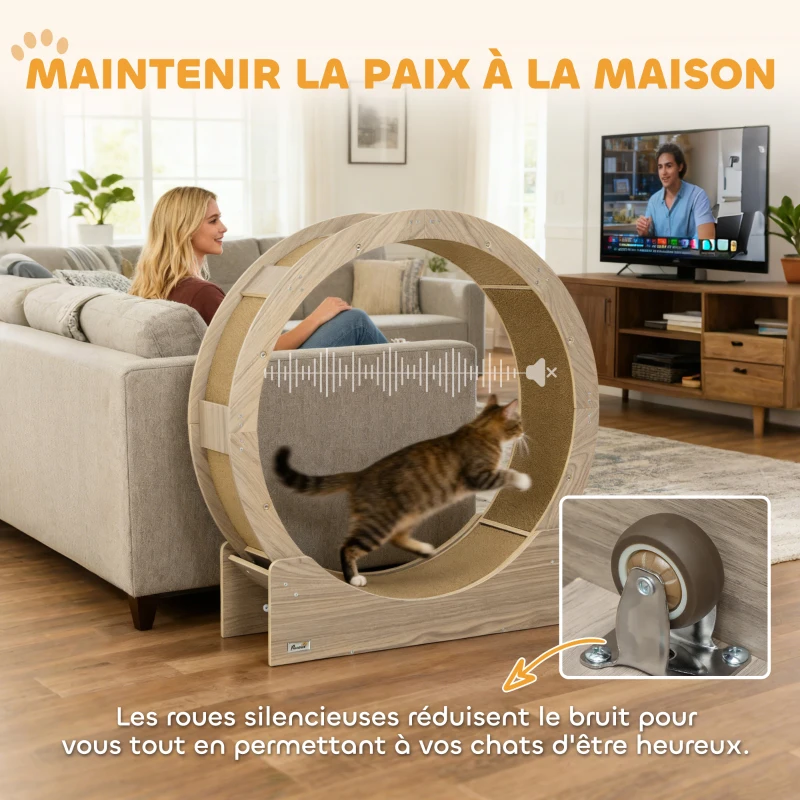 PawHut Roue d'exercice pour chat roue de course pour chat frein sécurisé et tapis de grattage amovible silencieux 91 cm marron