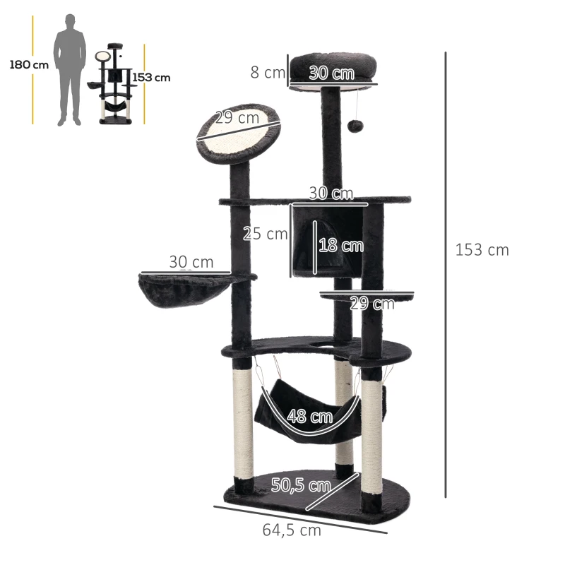 PawHut Árvore Arranhador para Gatos Grande Altura 153cm Torre de Escalada para Gatos com Caverna Redes Plataformas Postes Arranhadores de Sisal e Bola Suspensa Cinza Escuro