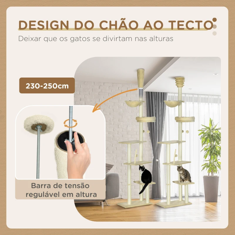 PawHut Arranhador para Gatos do Solo ao Teto de 230-250 cm  com Altura Ajustável Múltiplas Plataformas Rede Bolas Suspensas Bege