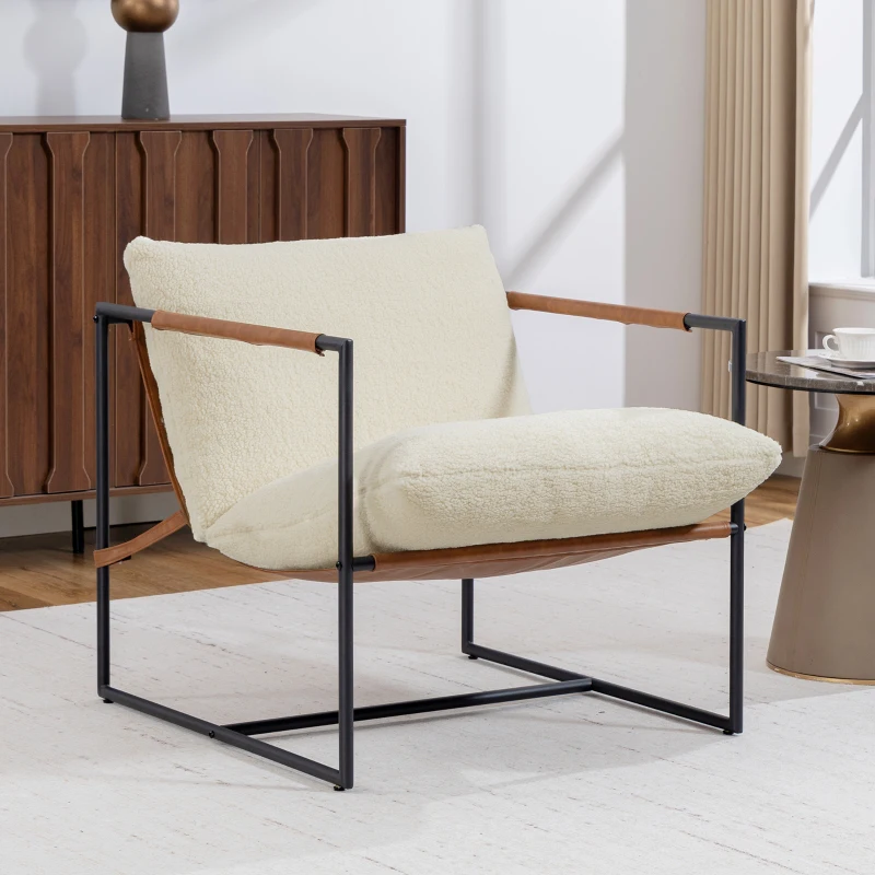 HOMCOM Fauteuil salon, fauteuil d'appoint rembourré en tissu bouclette, large assise et structure en acier, 77x91x80cm, crème